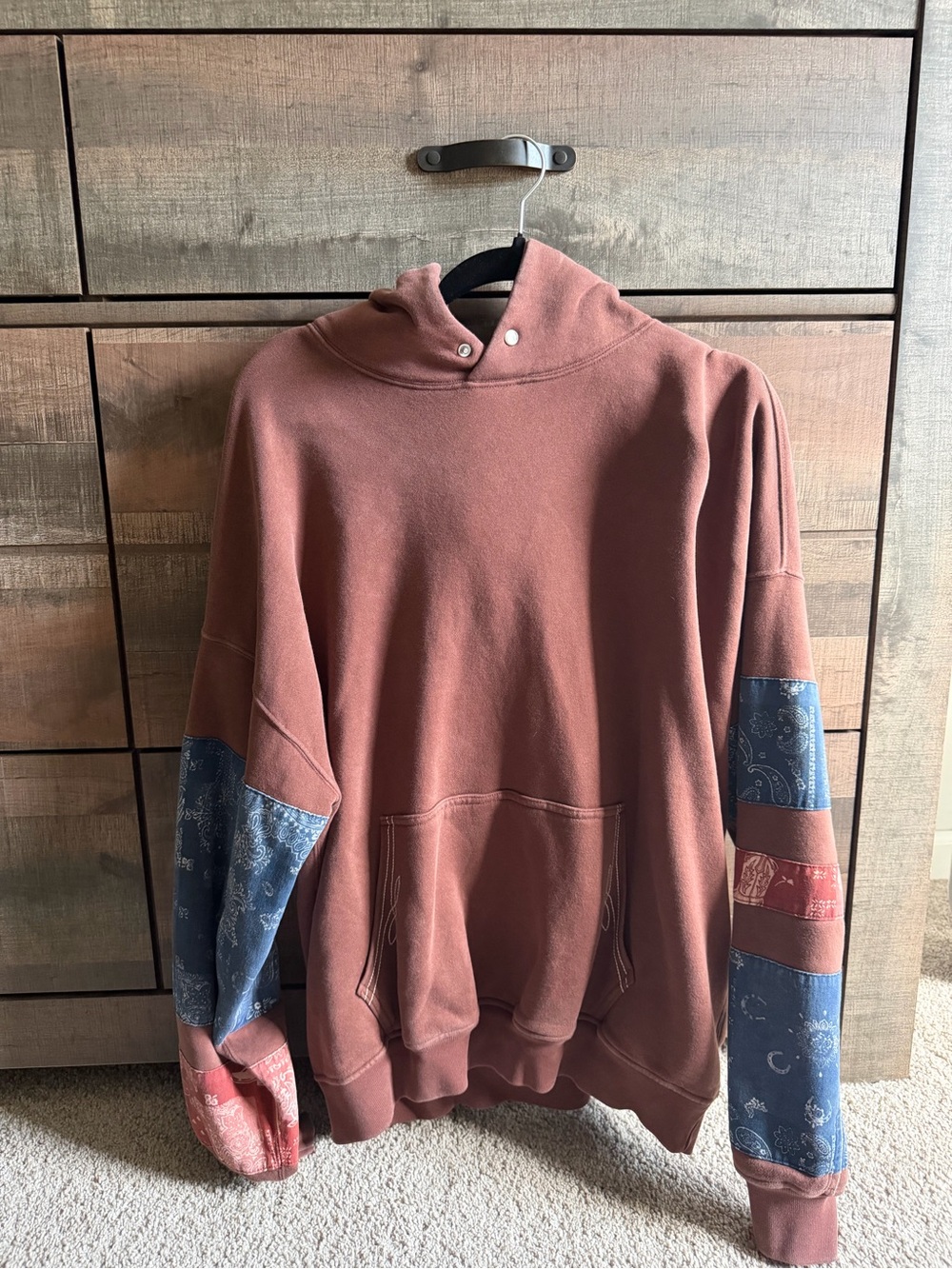 Abercrombie & Fitch Rust Brown Hoodie with Bandana-Print Sleeve Panels